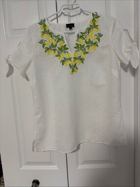 Talbots White Linen Top with Yellow and Green Floral Embroidery